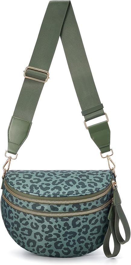 Pure Colour Crossbody Bag Bum Bag for Women,Spacious Purse Fanny Packs Belt Bag,Oversized Bum Bag (Bean Green Leopard Print Bum Bag)