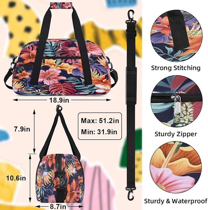 Travel Duffle Bag, Navy Tropical Flower Waterproof Weekender Overnight Bags for Women Men Lightweight Carry on Duffle Gym Bag for Travel, Sports, Fitness, Workout