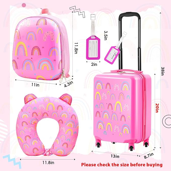 Sanwuta 4 Pcs Kids Luggage Set Rolling Suitcase Backpack U-shaped Pillow Kids Carry On Gift for Summer Travel Family Trip(20 Inch,Rainbow Style,Pink)