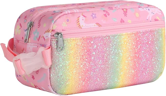 Bagseri Kids Snack Bag Girls - Small Reusable Mini Cooler Pouch, Insulated 3.9L Food Carrier with Buckle Handle for School and Daycare, Fits in Backpack, Glitter Pink Unicorn