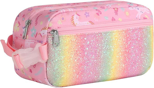Bagseri Kids Snack Bag Girls - Small Reusable Mini Cooler Pouch, Insulated 3.9L Food Carrier with Buckle Handle for School and Daycare, Fits in Backpack, Glitter Pink Unicorn