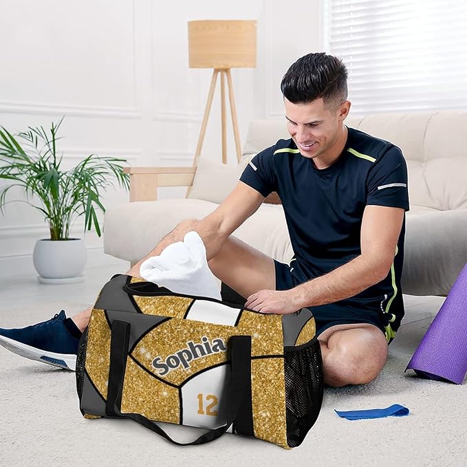 Custom Gold Glitter Print Volleyball Duffel Bag with Name Personalized Travel Bags Sport Gym Bag Carry On Weekender Bags for Men Women