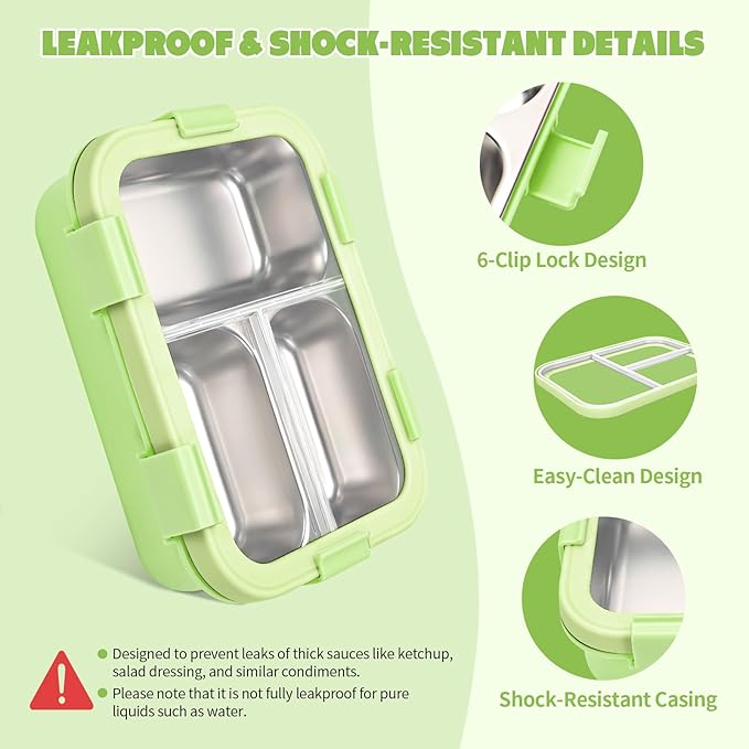 Stainless Steel Lunch Box for Kids, Durable Bento Box Containers with 3 Compartments, Leakproof Lock & Portable Utensil Set, Office, Picnics, Travel, Freezer&Dishwasher Safe, Green