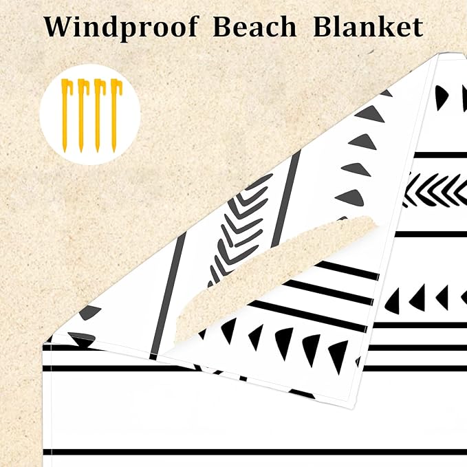 BEW Large Beach Blanket for 1-4 Adults, 78in×86in Waterproof Sandproof Blankets with 4 Stakes & Corner Pockets, Polyester Lightweight Foldable Outdoor Picnic Mat, Camping, Hiking White-black Lines