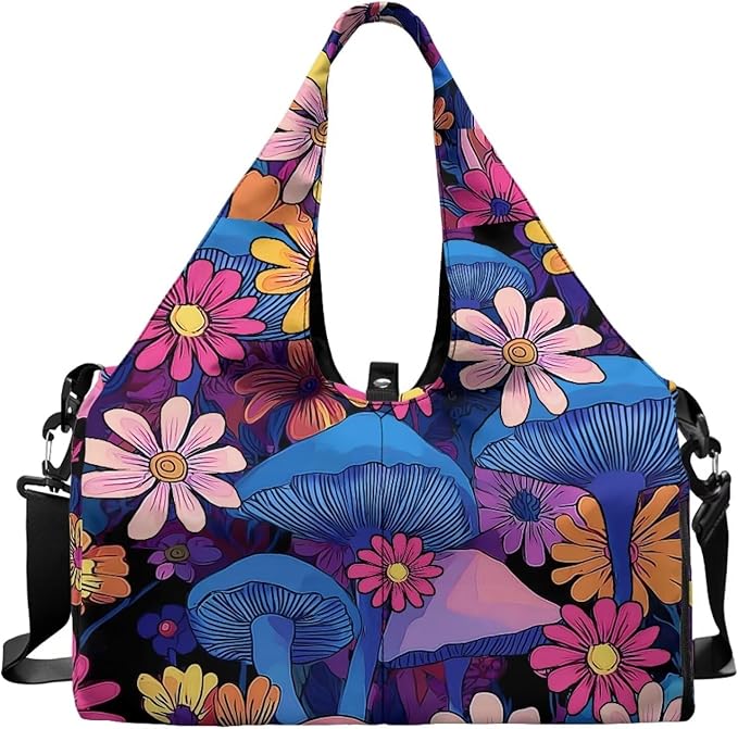 Womens Duffle Bag with Shoes Compartment, Mushroom Workout Bag with Yoga Mat Holder, Wet Pocket, Carrying Function Gym Bags for Yoga Pilates Swimming