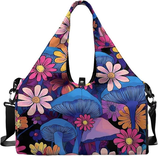 Womens Duffle Bag with Shoes Compartment, Mushroom Workout Bag with Yoga Mat Holder, Wet Pocket, Carrying Function Gym Bags for Yoga Pilates Swimming