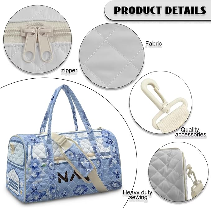 COEQINE Quilted Tote Bag Large Car Travel Suitcase Duffle Bag for Women Large Packable Carry on Weekender Duffel with Trolley Sleeve，Blue Floral
