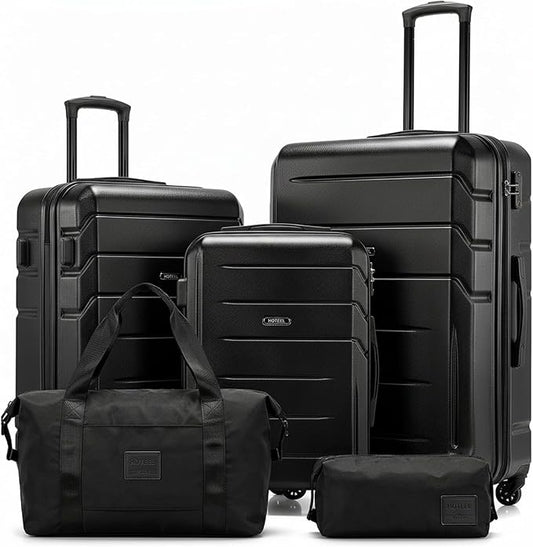 HOTEEL Expandable 5 Piece Luggage Set (4-YEARS WARRANTY) ABS+PC Hardshell Carry on Suitcase Silent Universal Wheels & TSA Lock for, Unisex Rolling Suit Case, for Travel, Family, Black (20/24/28/DB/TB)