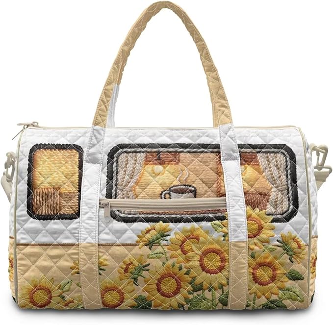 COEQINE Beige Sunflower Camper Van Duffle Bag for Women Travel Quilted Tote Bag Large Car Themed Carry on Luggage Duffle Bag with Toiletry Bag Weekender Overnight for Workout