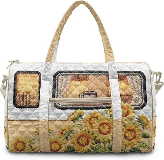 COEQINE Beige Sunflower Camper Van Duffle Bag for Women Travel Quilted Tote Bag Large Car Themed Carry on Luggage Duffle Bag with Toiletry Bag Weekender Overnight for Workout