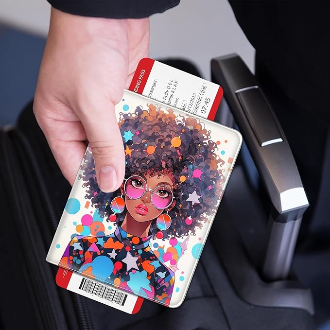 Passport Holder Women Wallet with Luggage Tag, Leather Passport Cover with RFID Blocking, Travel Accessories Multi Card Slot Passport Case for Men，Afro African Girl Color