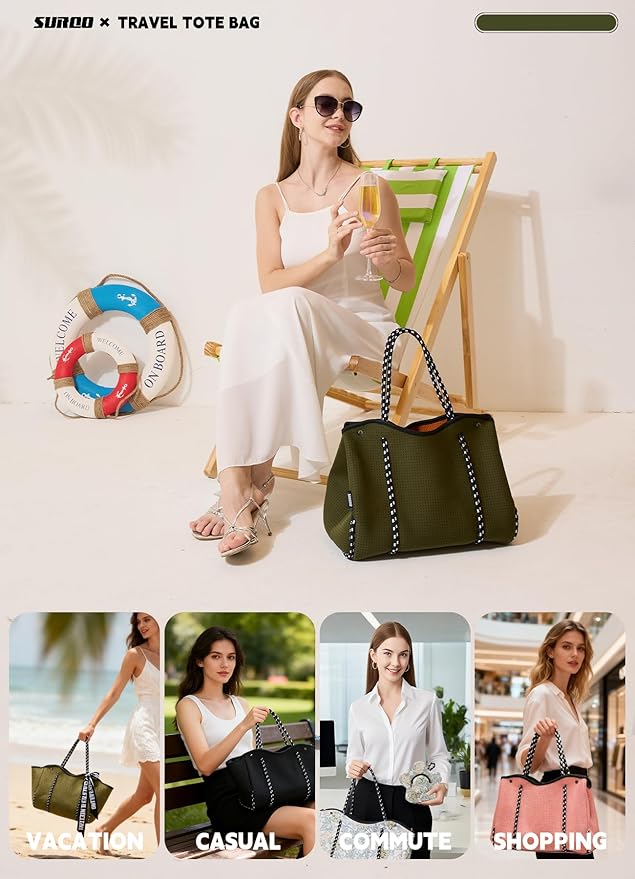 Neoprene Tote Bag for Women, Large Travel Beach Bag with Detachable Pouch, Stylish Lightweight Everyday Carryall