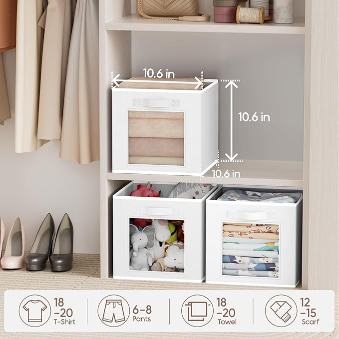 Storage Cube 11 Inch - Cube Storage Bins with Window, Closet Storage Baskets with Handle, Fabric Bins for Closet, Shelves, Toys, Clothes, Set of 16, White