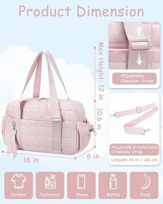 CAMTOP Mini Gym Bag for Women, Small Gym Tote Bag Puffy Quilted Sports Duffel Bag with Wet Compartment and Coin Purse Duffel Bags Dance Yoga Workout Bag for Gifts (Pink, Medium-16")