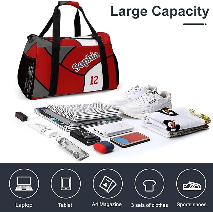 Custom Volleyball Red Duffel Bag with Name Personalized Travel Bags Sport Gym Bag Carry On Weekender Bags for Men Women