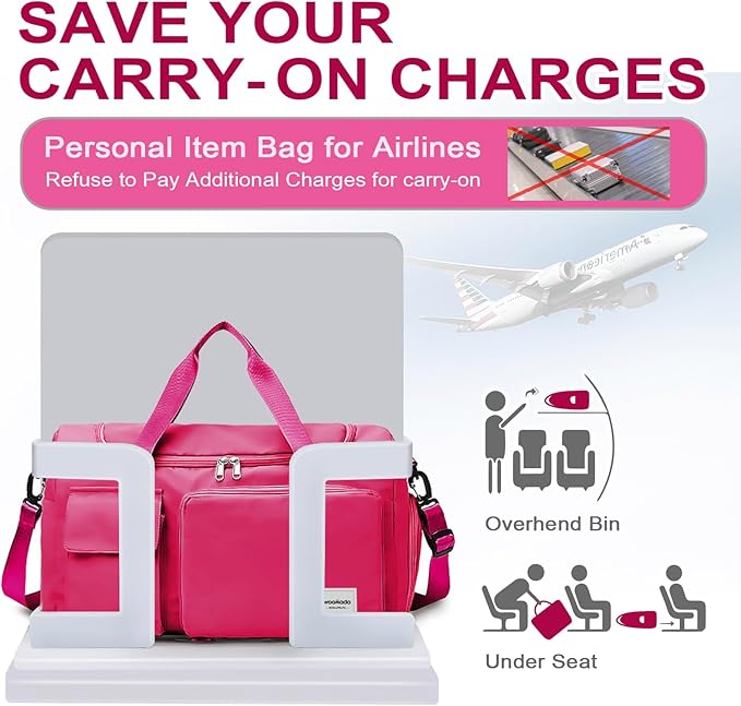 WOOMADA Foldable Travel Duffel Bag with Shoes Compartment, Overnight Bag with Wet Pocket & Trolley Sleeve, Weekender Bags for Women(A-rose red)