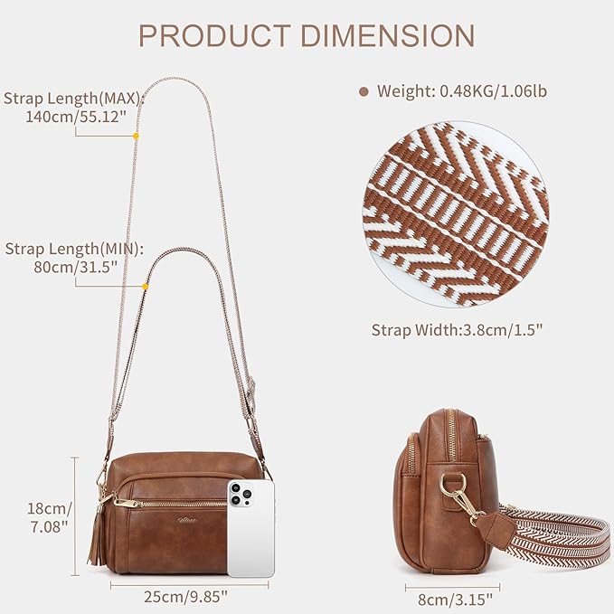Small Leather Crossbody Bags for Women Anti theft Purses and Handbag Shoulder Hangbag with Wide Strap Tassel