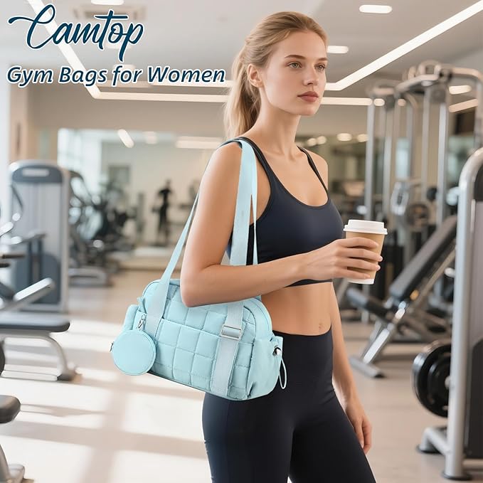 CAMTOP Mini Gym Bag for Women, Small Gym Tote Bag Puffy Quilted Sports Duffel Bag with Wet Compartment and Coin Purse Duffel Bags Dance Yoga Workout Bag for Gifts (Blue, Mini-12.6")