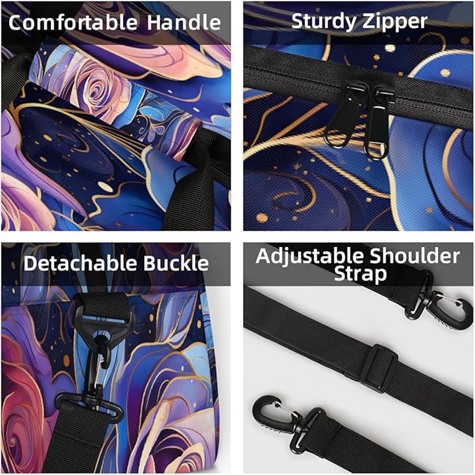Travel Duffle Bag, Purple Roses Waterproof Weekender Overnight Bags for Women Men Lightweight Carry on Duffle Gym Bag for Travel, Sports, Fitness, Workout