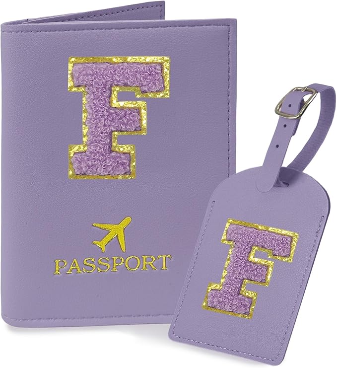 COSHAYSOO Initial Passport Cover Luggage Tag Set Letter Passport Holder Airplane Cruise Travel Essentials Vacation Traveling Accessories Personalized Gifts for Women Teen College Girls Purple F