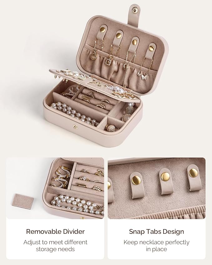 Jewelry Travel Case, Portable Travel Jewelry Box for Women, PU Leather, Snap Closure, Jewelry Holder Organizer Travel Essentials, Light Taupe