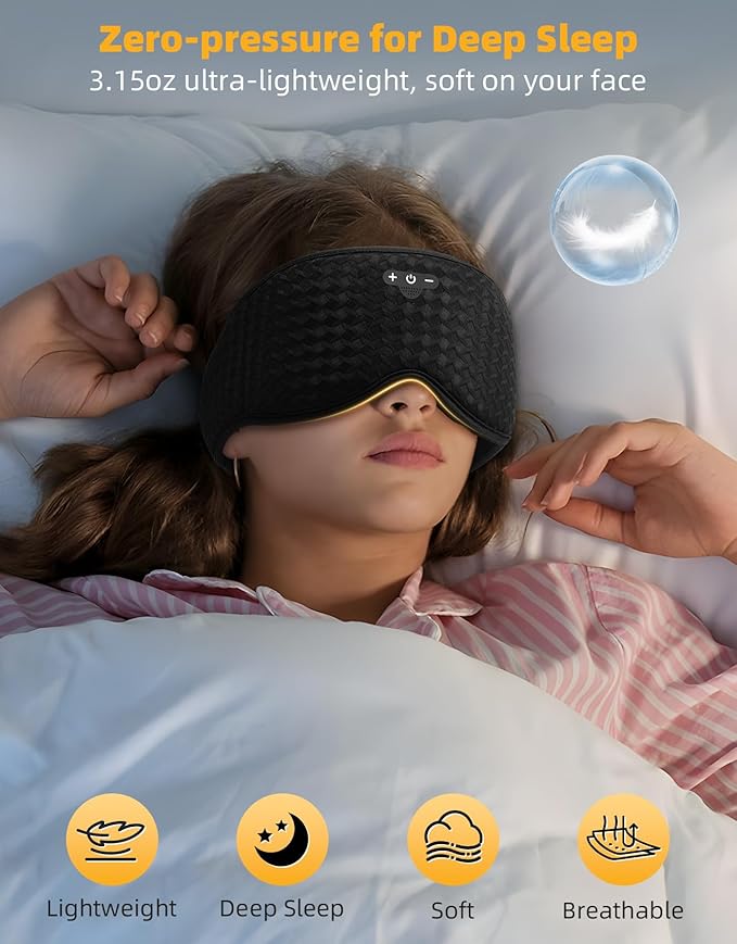 3D Contoured Sleep Mask with Bluetooth Headphones, Adjustable Blackout Sleeping Mask, Easy Installation Sleeping Headphones with Ultra-Thin Stereo Speakers for Men, Women - Gray