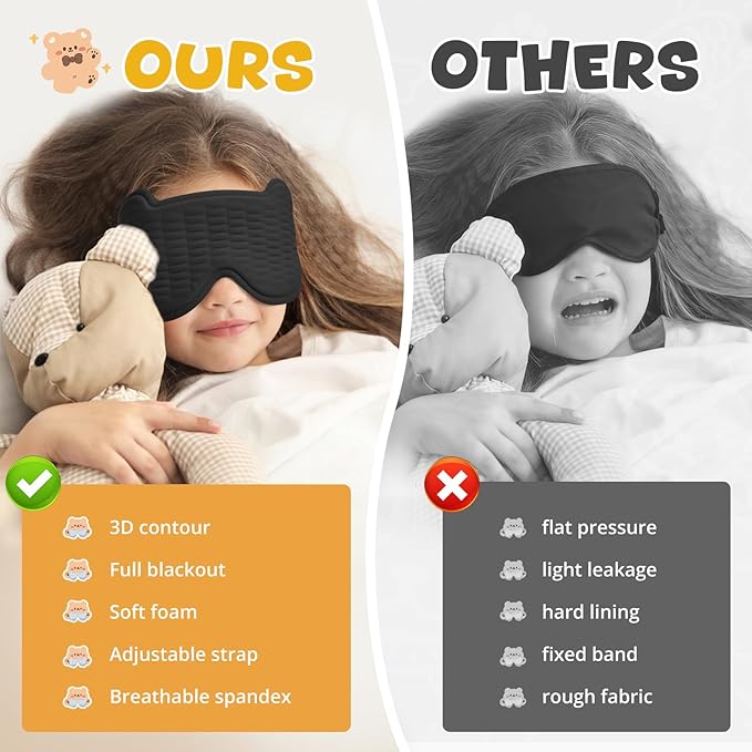 3D Kids Sleep Mask – Cute Bear Eye Mask for Sleeping, Comfortable Memory Foam Sleep Mask for Kids, Adjustable Strap and Lightweight Sleeping Mask for Boys Girls Teens Ages 5-15 (Black)