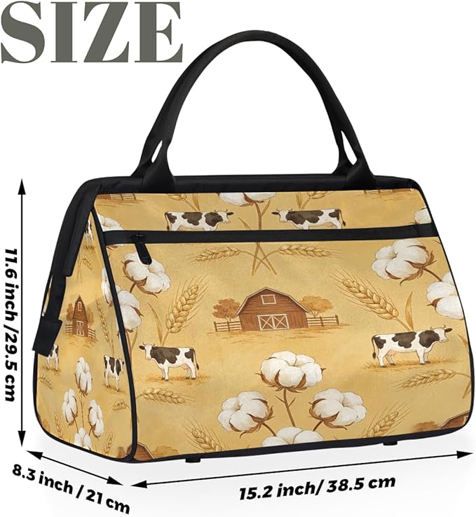 Travel Gym Carrying Bag - Cotton Cow Barn Print Overnight Weekender Bag for Women Men Girls - Shoulder Large Capacity Tote Bag for Travel, Yoga, School,Mommy Hospital Bag for Labor and Delivery
