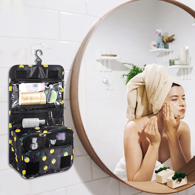 Pengxiaomei Toiletry Bag, Waterproof Hanging Cosmetic Bag Portable Travel Makeup Pouch Bathroom Bag Stocking Stuffers for Women Christmas Gifts(Black Lemon)
