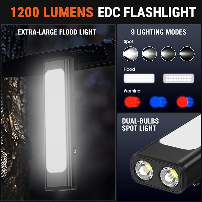 Pocket Flashlight, 1200 Lumens Rechargeable EDC Flashlight with Clip, USB-C Port, 3 Modes Waterproof Warning Light for Working, Camping, Repairing, Emergencies (Black, 4PCS)