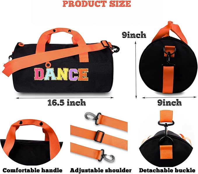 Girls Dance Duffle Bag with Chenille Patch,Cute 16.5" Ballet, Cheer, Gymnastics Class Bag for Kids, Toddler Girls,Teens,Large Capacity Overnight Travel Bag (Black)