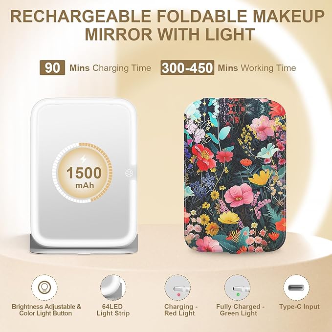Mocado Travel Makeup Mirro with Lights, 360° Rotation Lighted Makeup Mirror, Portable Mirror with 10x Magnification, 3 Color Lightings, Dimmable Touch Screen, Tabletop Light up(Flower)