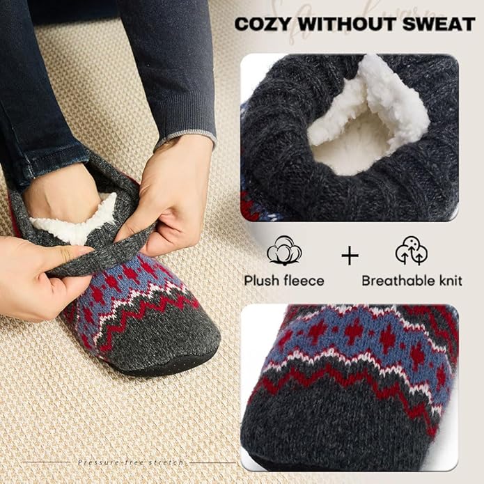 LEMZONE Mens Fuzzy Slipper Socks with Grippers, Winter Warm Sherpa Lined Indoor House Shoes Christmas Gifts for Dad Husband Boyfriend