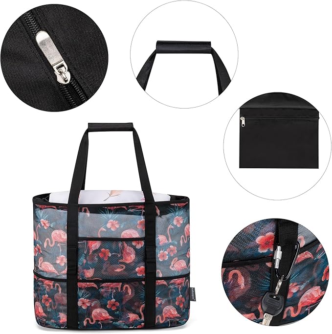 KABAQOO Mesh Beach Bag, Extra Large Beach Bags with 9 Pockets & Zipper Waterproof Lightweight Beach Tote for Beach/Pool Trip | Extra Large, 9 Pockets, Zipper, Waterproof, Lightweight, Beach/Pool Trip