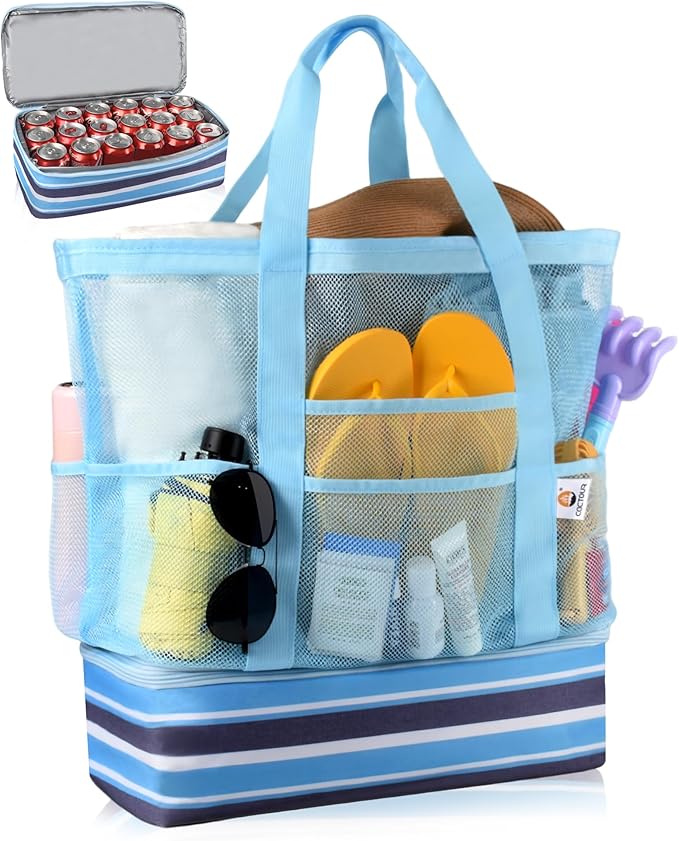 Beach Bag with Cooler, Mesh Beach Bag for Women Cruise Pool, Packable Waterproof Sandproof Travel Tote Bag with 8 Pockets