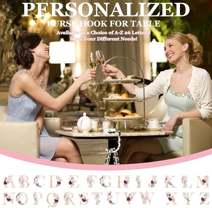 XSUIOY 3Pcs Personalized Initial Foldable Purse Hook for Table,Crushed Flower Letters Folding Purse Hanger,Purse Holder Handbag Hanger Collection Desk Table Bag Hooks Gifts for Women Bag(Pink-C)