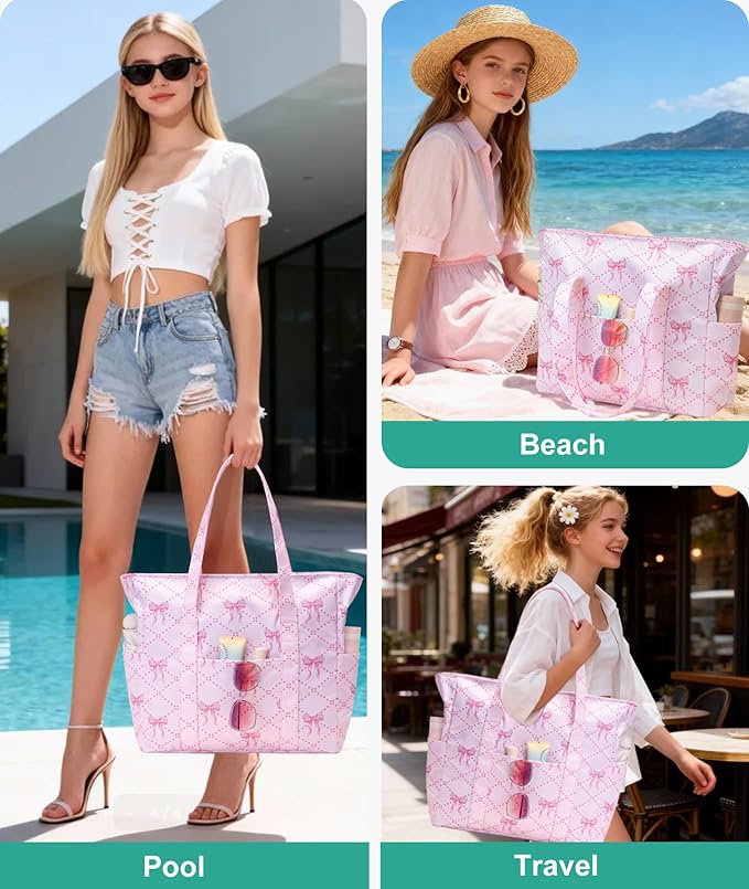 Octsky Large Beach Bags for Women - Waterproof Sandproof Beach Tote with Dual Zipper and Wet Pocket - 3 Outside Pockets