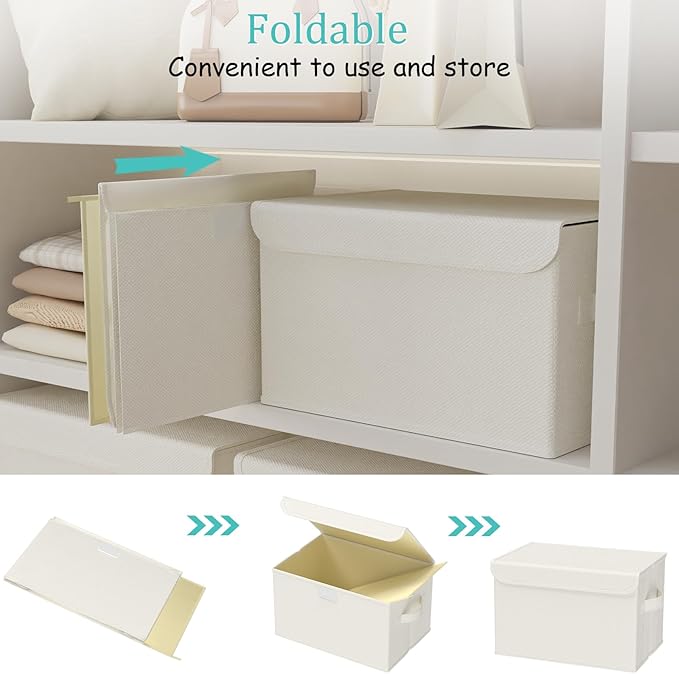 Foldable Storage Bin, Cube Organizer Basket with Flip-Top Lid and 2 Handles, Decorative Boxes for Shelves with Cover for Clothes, Towels, Blanket, 2 Pack, Beige, 13 x 9 x 7.9 In, XSNY12BEM-2