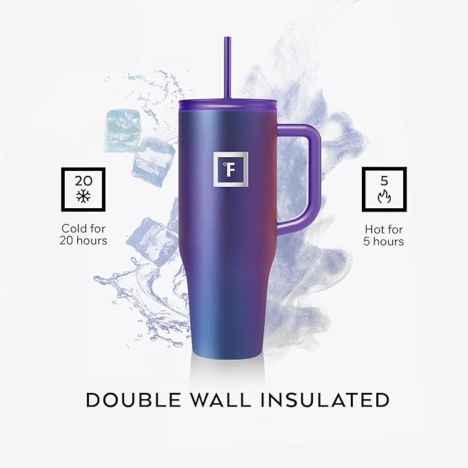 IRON °FLASK Co-Pilot Insulated Mug w/Straw & Flip Cap Lids - Cup Holder Bottle for Hot, Cold Drink - Leak-Proof - Water, Coffee Portable Travel Mug - Dark Night, 40 Oz