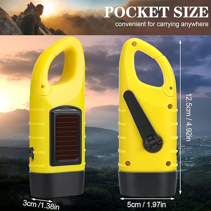 Mudder 6 Pcs Hand Crank Solar Powered Flashlights Emergency Rechargeable LED Handheld Flashlights for Survival Gear Outdoor Sports Camping Hiking Backpack Safety(Green Yellow Black)
