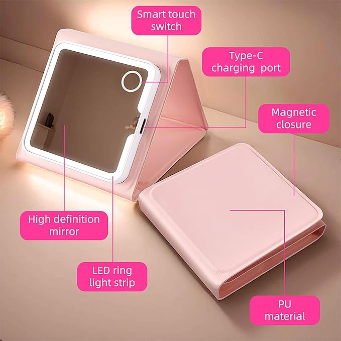 Rechargeable Trifold Makeup Mirror with Lights, 1X 5X 10X Magnification, Portable LED Lighted Compact Mirror with 3 Magnetic Zoom Mirrors for Travel & Vanity (Pink)