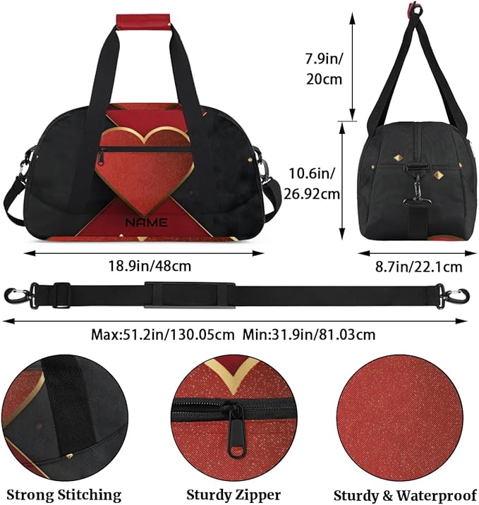 Custom Name Red Black Gym Travel Duffle Bag with Front Zipper Pocket Personalizedfor Sports Bag for Overnight, Weekender, Carry On,Workout & Dance, 18.9 * 8.7 * 10.6 in