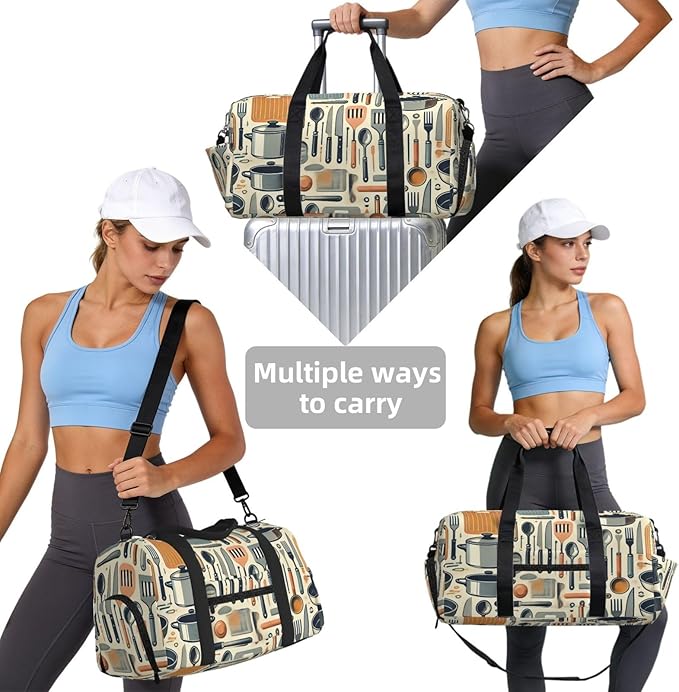 Kitchen Tools Print Gym Bag with Shoe Compartment for Women Men, 17.7in Sports Duffle Weekender Tote, Overnight Travel Duffel Bag Carry On