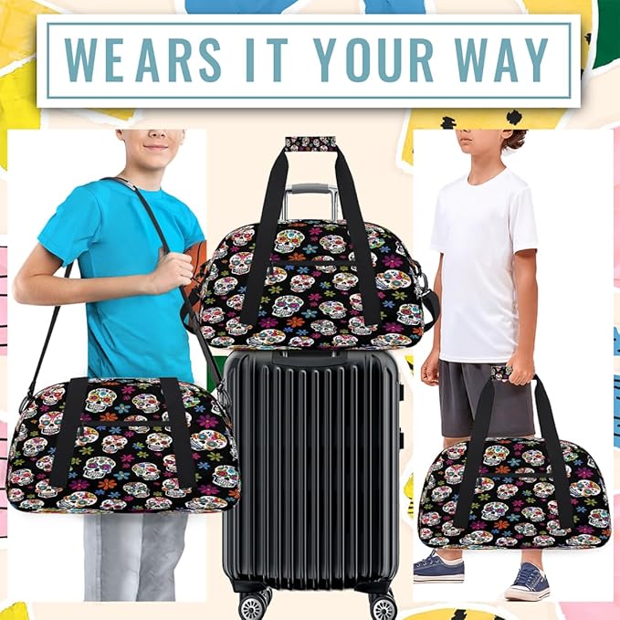 Travel Duffle Bag, Colorful Sugar Skull Pattern Waterproof Weekender Overnight Bags for Women Men Lightweight Carry on Duffle Gym Bag for Travel, Sports, Fitness, Workout