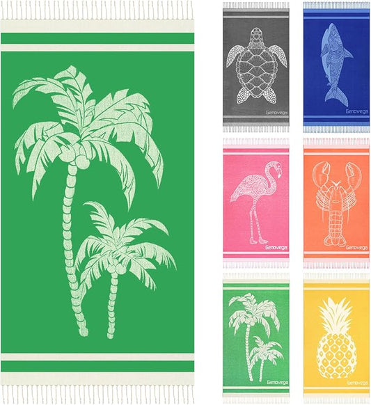 Genovega Oversized Cotton Turkish Beach Towels 72"x36" Lightweight Quick Dry Sandless Pool Swim Towel Large No Sand Compact Blanket Adult Travel Essentials Cruise Accessories Must Haves Coconut Tree
