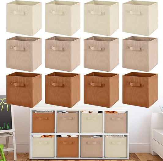 Yinder 4 Pcs Cube Storage Bin Brown 11'' Storage Bins for Playroom Decor Colorful Bins for Kids Foldable Baskets for Nursery Organizer Boxes Fabric Boxes