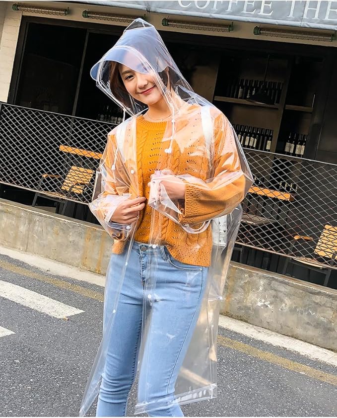 Freesmily Super Transparent Raincoat for Women Fashion EVA Waterproof Rain Poncho with Hood Drawstring