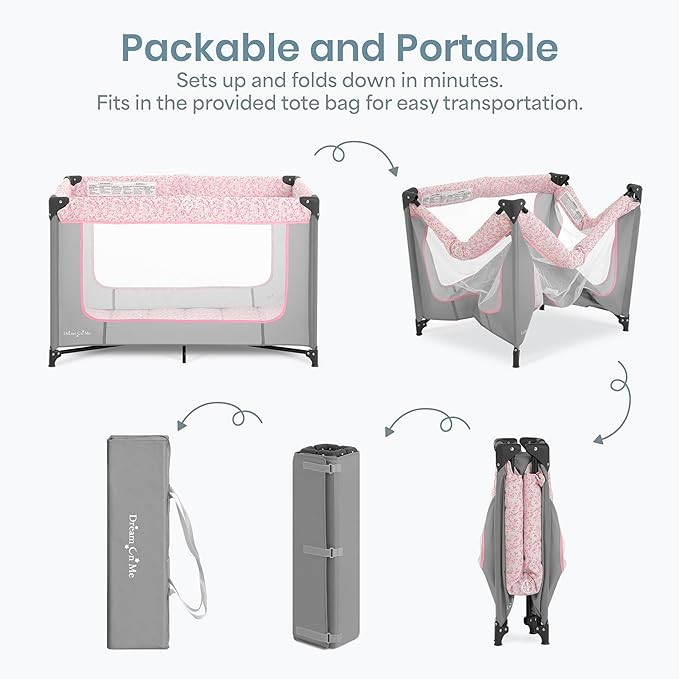 Dream On Me Zodiak Baby Playard, Breathable Mesh Sides, Soft Comfortable Mattress, Quick & Easy to Fold with Travel Carry Bag, Compact Space Saving Design - Grey & Pink