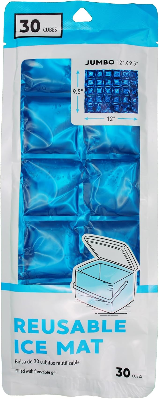 Jacent Reusable Ice Pack Mat, Flexible 30-Cube Gel Freezer Sheet for Coolers, Lunch Bags, Food Storage & Outdoor Use, Jumbo 12 x 9.5 Inch