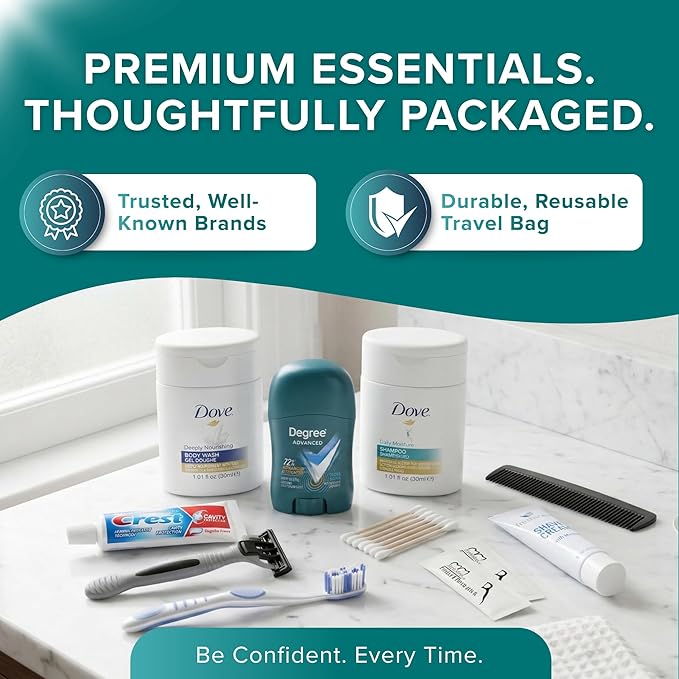 Trektote 12 Piece Men’s Travel Hygiene Kit with Toiletries & Grooming Essentials, TSA-Compliant, Clear Cosmetic Bag - Single or Bulk Packs